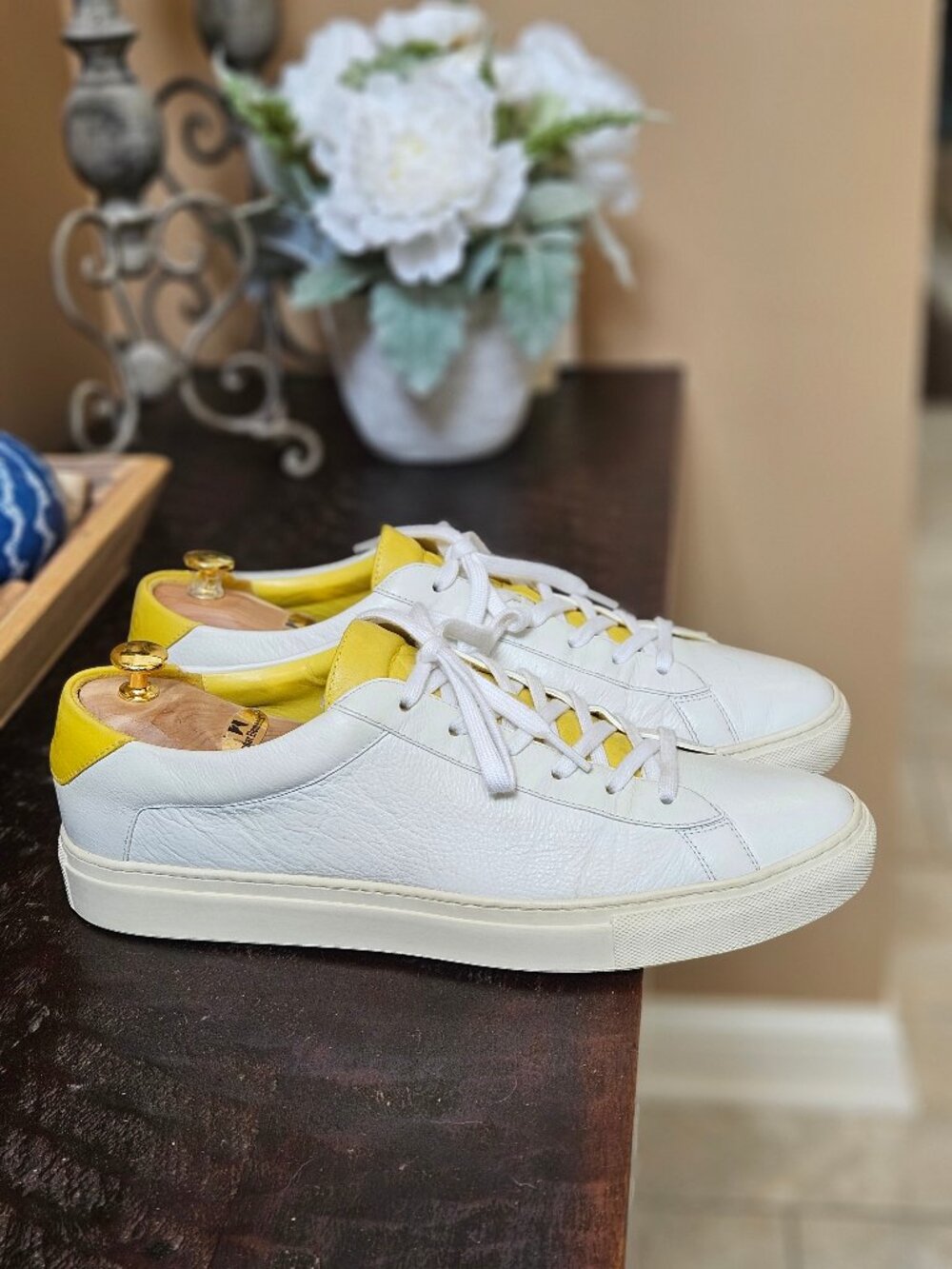 KOIO Men's Capri Full-Grain Leather Sneakers, White/Yellow, Sz EU 46 US 13